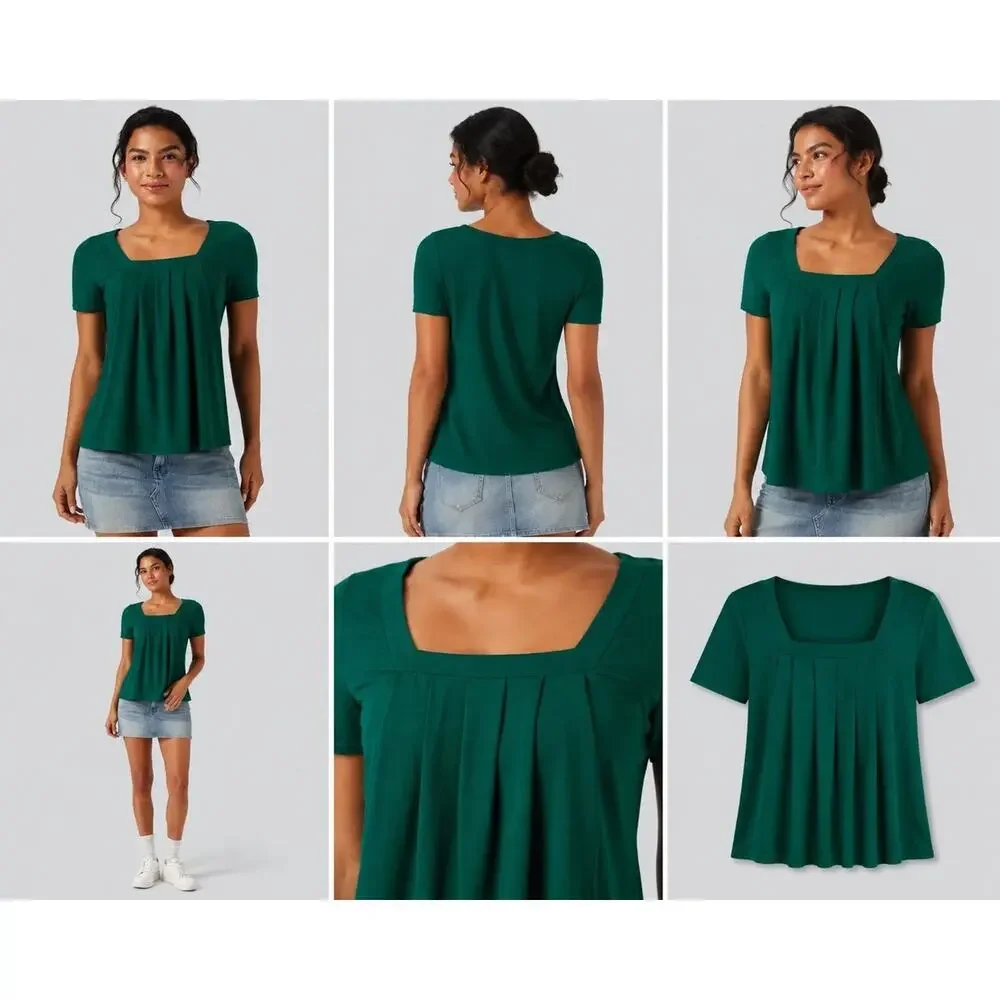Women's Green Square Neck Short Sleeve Pleated Pullover Top, Size S